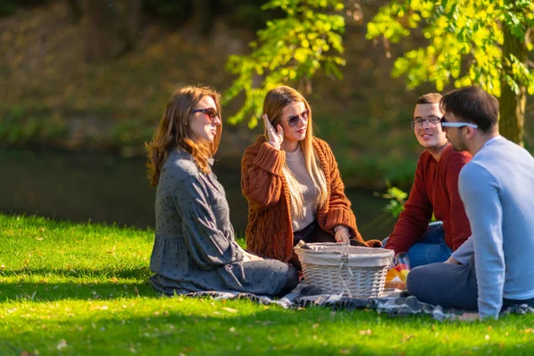 Két fiatal nő piknikezik a barátaival. — Stock Fotó