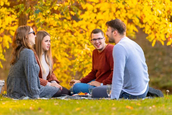Groep gelukkige vrienden picknicken in een herfstpark — Stockfoto