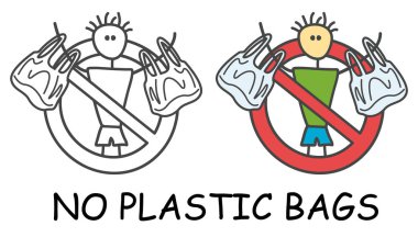 Çocuk tarzında plastik poşetli komik bir vektör çubuğu adam. Plastik kirliliği yok. Kırmızı yasak işareti yok. Sembolü durdur Bölge mekanları için yasaklama simgesi çıkartması. Beyaz arkaplanda izole.