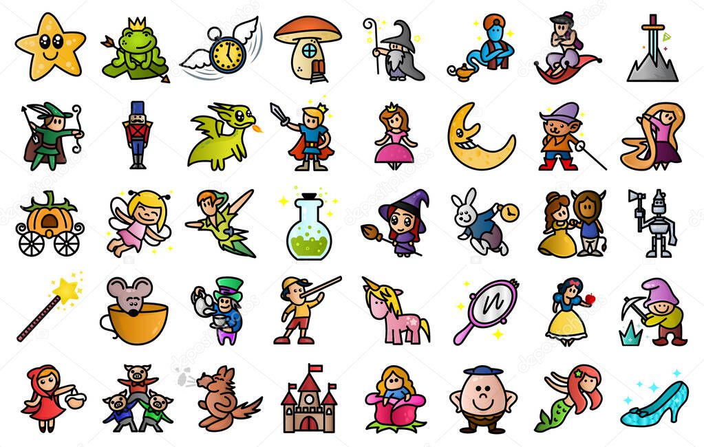 Cartoon illustration of Colored cute 40 Fairy tail icons set. Set of Fantasy Related Vector Line Icons. Funny colorful minimal fable stickers. Fantasy symbols.