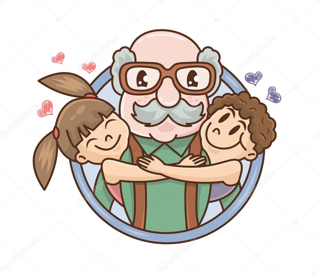 Grandparents Day. Smiling grandchildren Hugging Their Grandfather. Cartoon vector illustration. Hand drawn style greeting card for grandpa day. Cute little boy and girl. For print or greeting card.