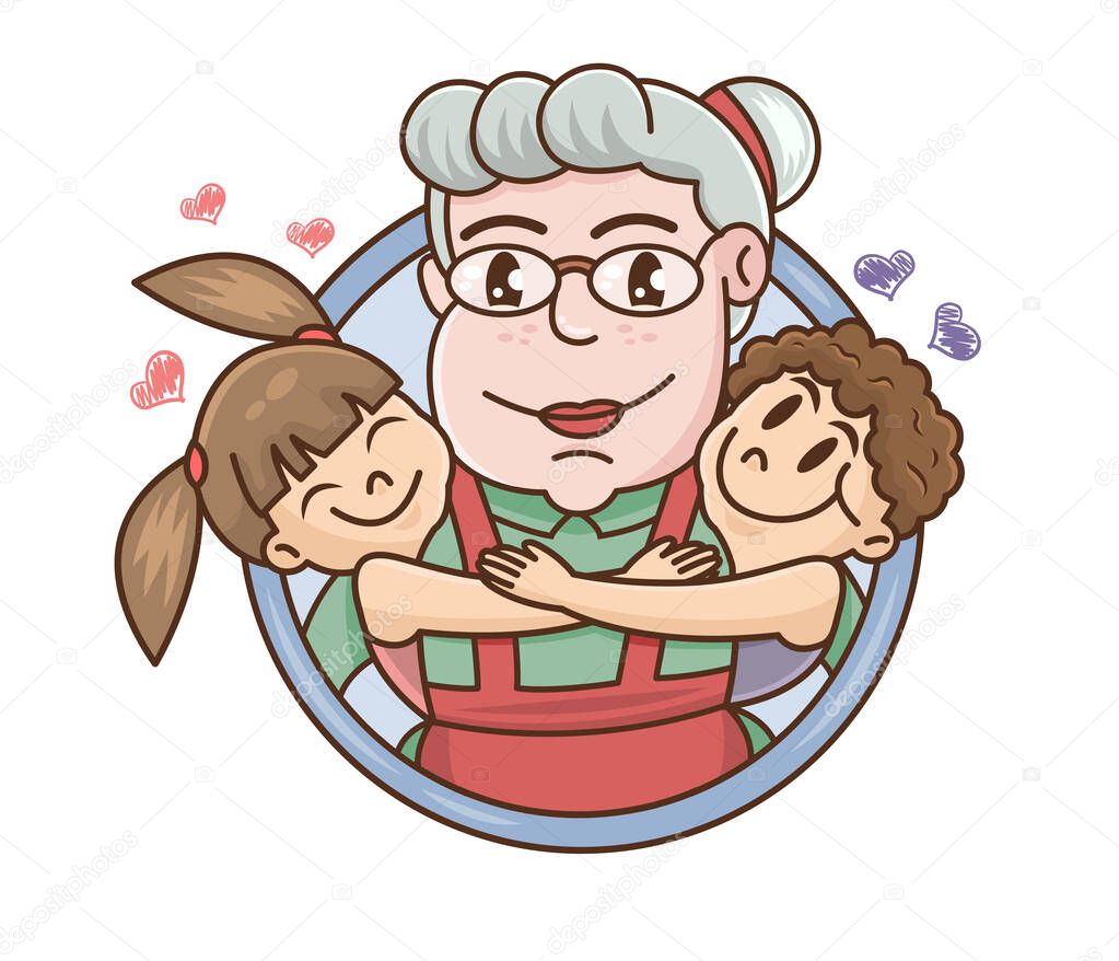 Grandparents Day. Smiling grandchildren Hugging Their Grandmother. Cartoon vector illustration. Hand drawn style greeting card for grandma day. Cute little boy and girl. For print or greeting card.