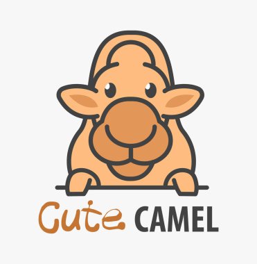 Sevimli, meraklı devenin logo şablonu. Hayvanat bahçesi için vektör logosu safari hayvan şablonu, veteriner klinikleri. Çizgi film hayvan logosu çizimi.