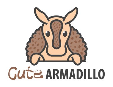Sevimli, meraklı armadilloyla logo şablonu. Hayvanat bahçesi için vektör logosu tasarımı şablonu, veteriner klinikleri, vs. Çizgi film hayvan logosu çizimi.