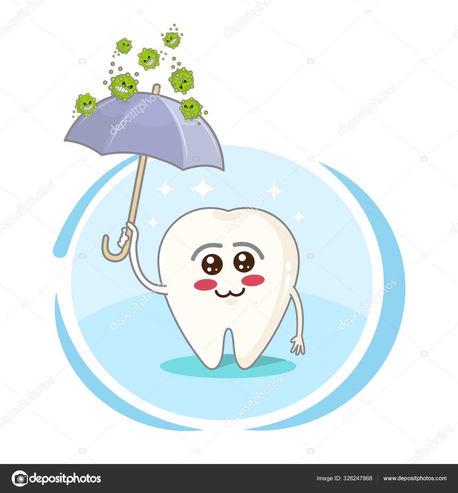 Lustige Zeichentrickfigur Mit Regenschirm Der Vor Keimen Geschutzt Ist Design Fur Print Emblem T Shirt Kinderzahnheilkunde Vektorgrafik Lizenzfreie Grafiken C Funnyvectorforyou Depositphotos