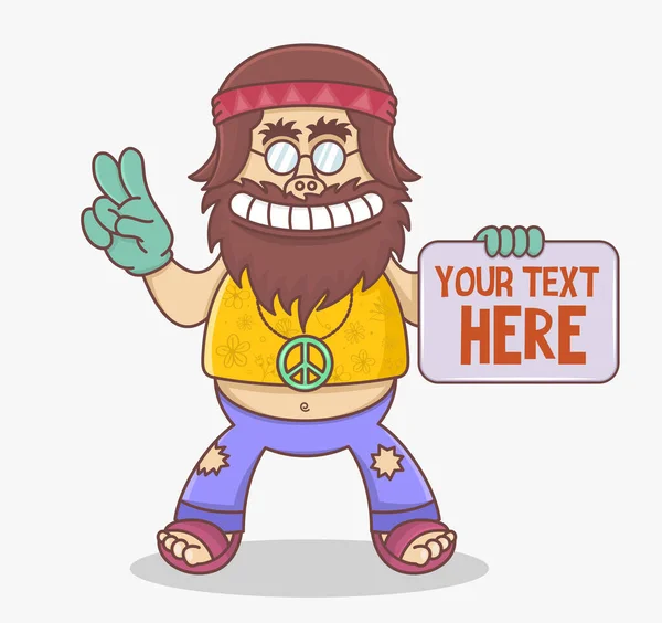 Divertido personaje hippie de dibujos animados sostiene un signo. Hombre hippie con pelo castaño largo y bigote en pantalones acampanados y camisa amarilla. Moda retro años sesenta setenta . — Vector de stock