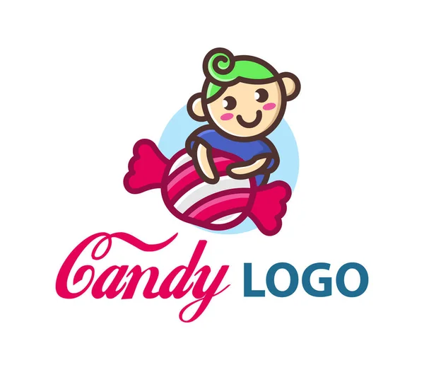 Candy векторный шаблон логотипа с милым маленьким смешным мальчиком. Ребенок обнимает большие конфеты. Значок кондитерской. Логотип сладкого бара. Значок леденца. Иконка Свитса . — стоковый вектор