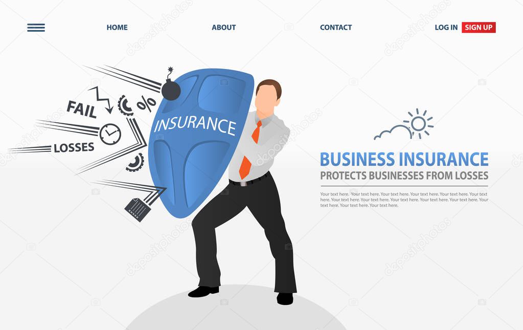Vector illustration business Insurance concept. Businessman holds a big shield and reflects his problems. Protects business from losses concept.