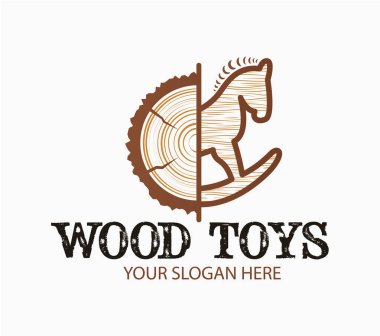 Ahşap desenli, soyut, yaratıcı tahta oyuncaklar logosu. Kütükten oyuncak fikrine. Yazdırma, amblem, tişört, parti dekorasyonu, çıkartma, logotype için tasarım