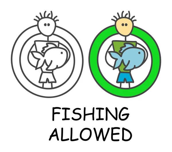 Rolig vektor stick man med en fisk i barnstil. Tillåtet fiske tecken grön. Inte förbjuden symbol. Klistermärke eller ikon för områden. Isolerad på vit bakgrund. — Stock vektor
