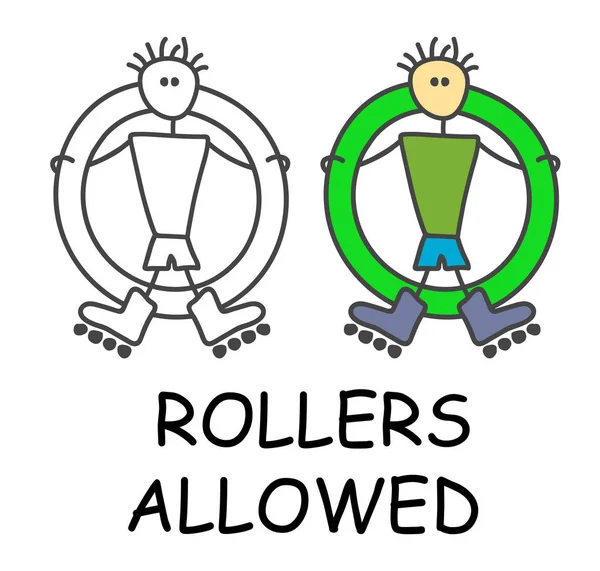 Rolig vektorpinne man med en Rollerblades i barnstil. Tillåten ridskylt grön. Inte förbjuden symbol. Klistermärke eller ikon för områden. Isolerad på vit bakgrund. — Stock vektor