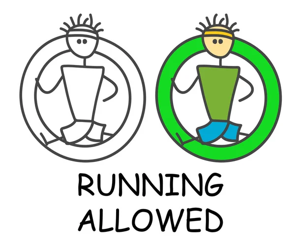 Funny vector corredor palo hombre en el estilo de los niños. Permitido correr signo verde. No es un símbolo prohibido. Etiqueta engomada o icono para lugares de área. Aislado sobre fondo blanco . — Vector de stock