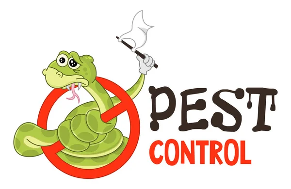 Funny vector illustration of pest control logo for fumigation business. Comic locked snake surrenders. Design for print, emblem, t-shirt, sticker, logotype, corporate identity, icon. — Stock Vector