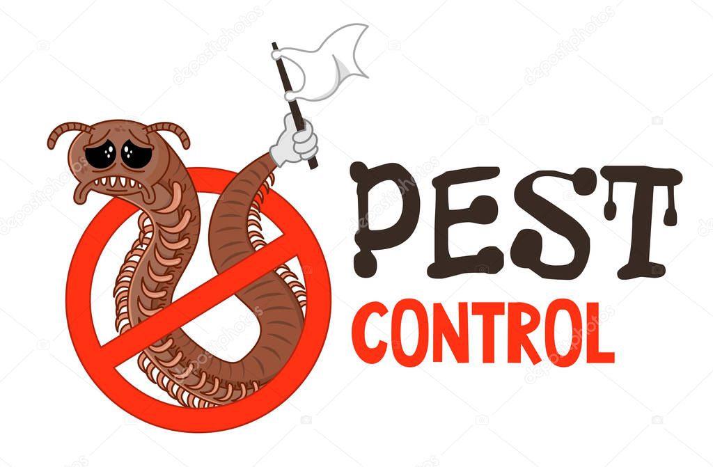 Funny vector illustration of pest control logo for fumigation business. Comic locked centipede or chilopoda surrenders. Design for print, emblem, t-shirt, sticker, logotype, corporate identity, icon.