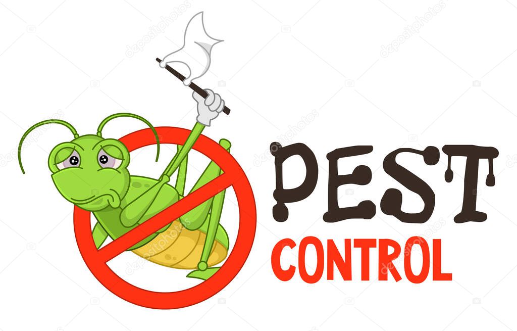 Funny vector illustration of pest control logo for fumigation business. Comic locked grasshopper or locust surrenders. Design for print, emblem, t-shirt, sticker, logotype, corporate identity, icon.