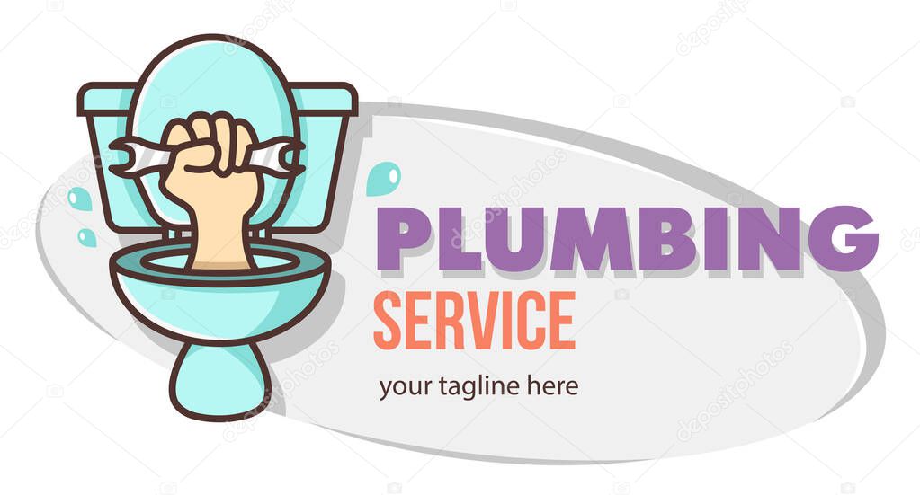 Funny humor concept hand holds a wrench climbs out of the toilet. Plumbing service sign. Design for print, emblem, t-shirt, party decoration, sticker, logotype