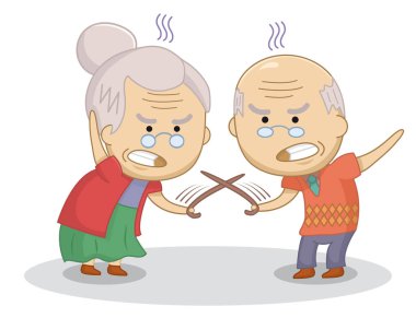 Karikatürde yaşlı çiftlerin bastonlu düellosu. Yaşlı bir çift kavga ediyor. Kötü ilişki kavramı. Yazdırma, tişört, parti dekorasyonu, çıkartma vesaire için tasarım. 