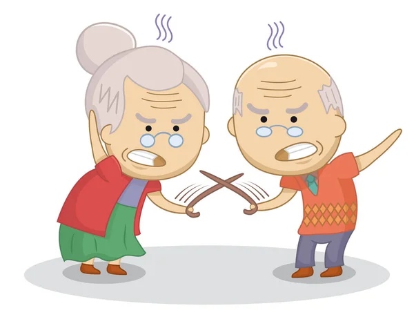 Αστείο καρτούν ηλικιωμένο ζευγάρι μονομαχεί με μπαστούνια. Ένας ηλικιωμένος παντρεμένος καυγάς ζευγαριών. Κακή έννοια σχέσης. Σχεδιασμός εκτύπωσης, t-shirt, διακόσμηση κόμμα, αυτοκόλλητο, κλπ. — Διανυσματικό Αρχείο
