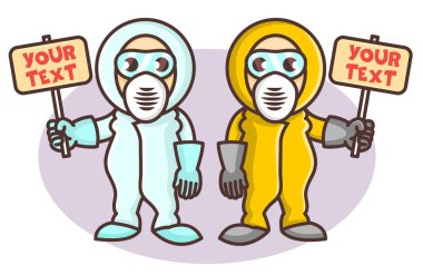 Sarı ve mavi kapaklı iki komik Epidemiyoloji ya da biyologlar. Yasak bölge tabelası. Karantina bölgesi. 