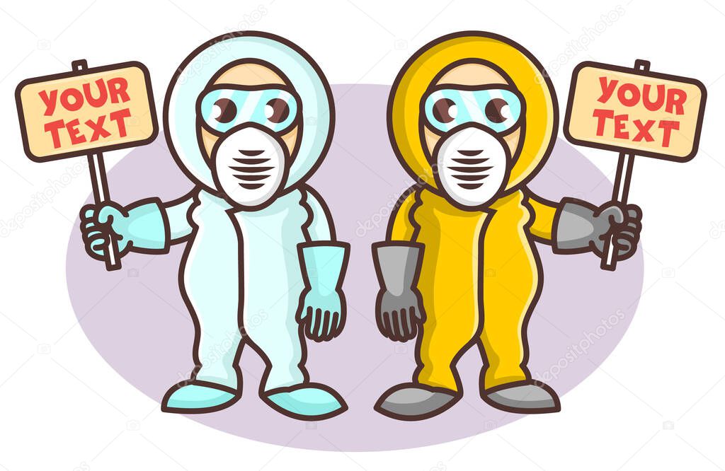 Two cartoon funny Epidemiologists or biologists characters in yellow and blue coverall with a signboard. Restriction area sign. Quarantine zone. 