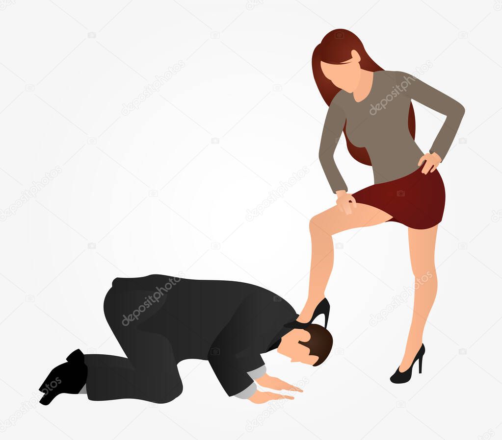 Female boss leg presses on a man. Businessman kneel down. The concept of manipulation and control over people. Slavery at work concept.