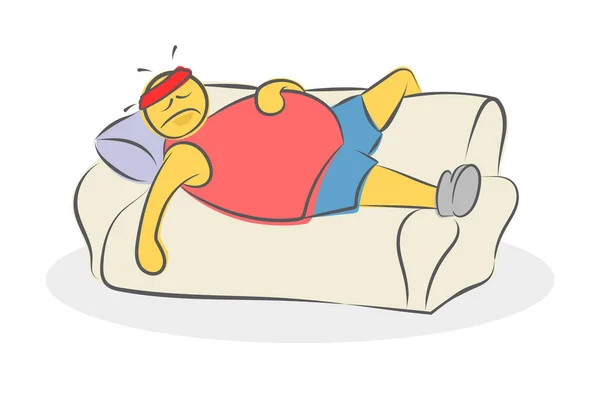 Lazy Tired Fat Athlete Lying Couch Concept Bad Willpower Fitness — Stock Vector