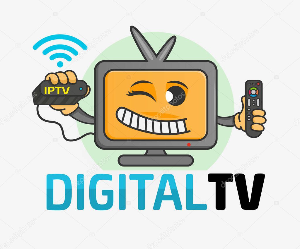 Smiling cartoon TV or computer monitor with happy face holding a remote control and TV set-top box. Digital TV logo Template. TV company. Creative media television logotype.