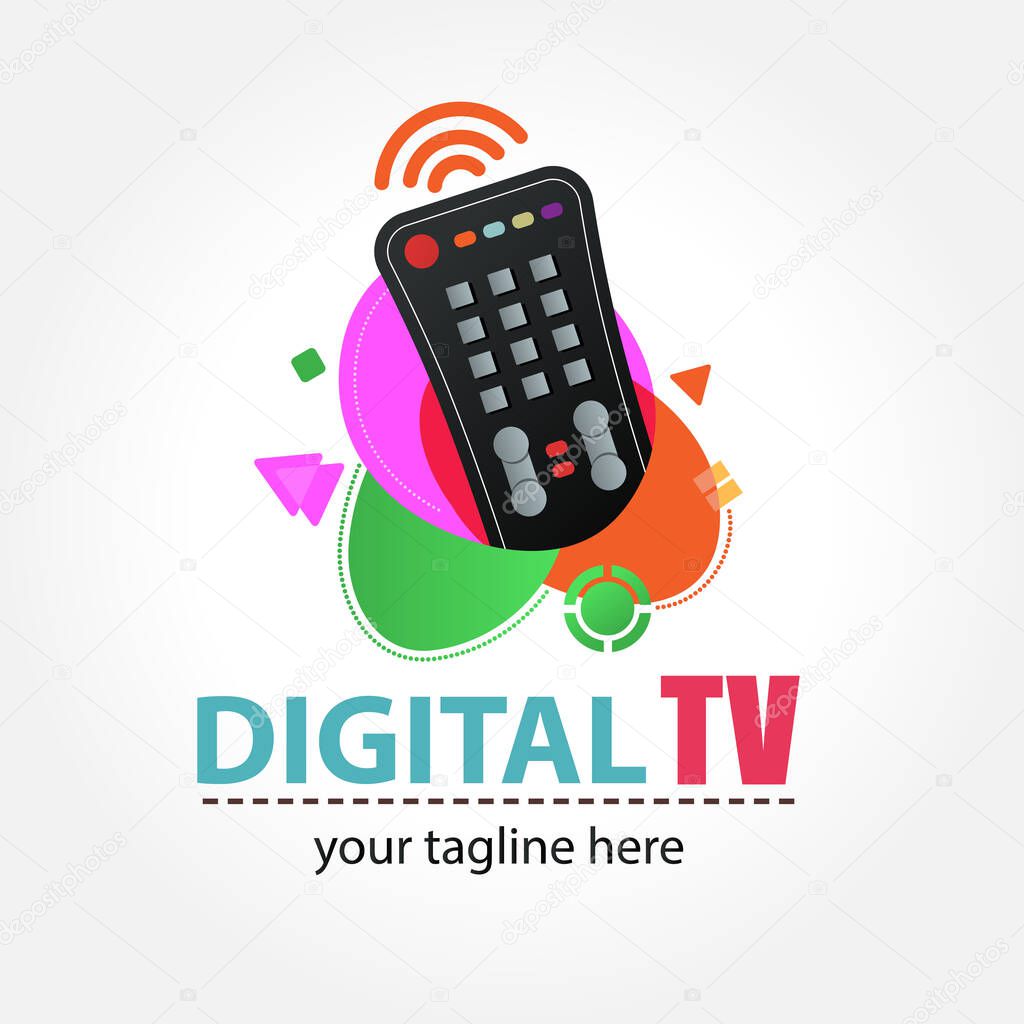 Funny colorful logo for digital television or children's channel. Composition of cartoon remote control and abstract elements. Iptv logotype.