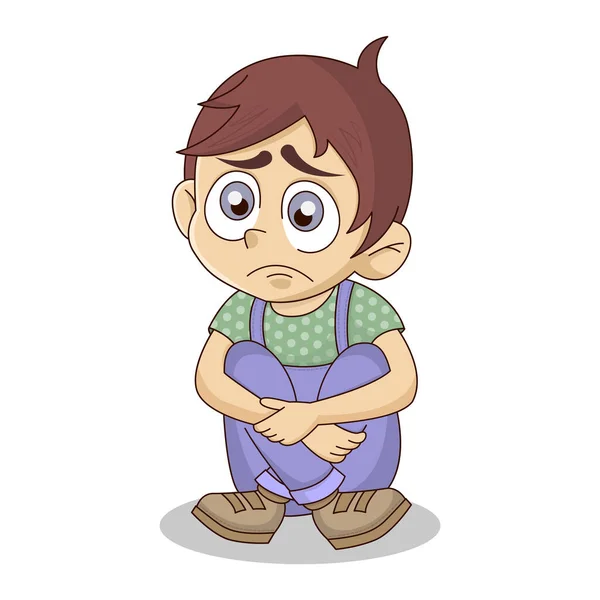 Depressed Lonely Cartoon Boy Sitting Alone Floor Sad Bored Child — Stock Vector