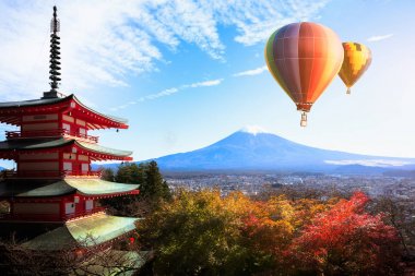 Mt fuji with red pagoda in autumn clipart