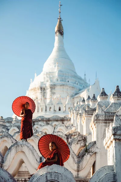 Новачки Під Парасольками Історичному Храм Mingun Mandalay Янма — стокове фото