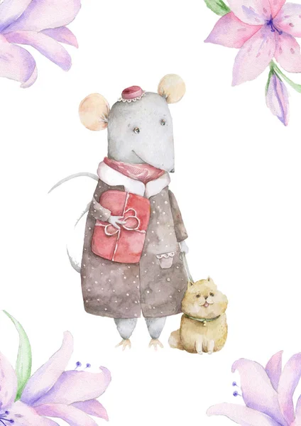 베이비 샤워 카드. 귀여운 만화 크리스마스 쥐와 개 크리스마스 카드입니다. 수채화로 그린 동물 그림. 신년 (新年) 2020 년 연휴 그림. 인사말을 하기 위한 화려 한 쥐 목조 틀 — 스톡 사진