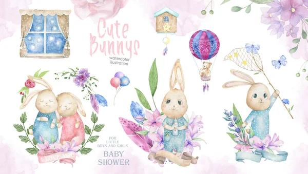 Şirin suluboya Bunny doğum günü tebrik kartları, bebek odası posterleri, bebek partisi, tebrik kartı, çocuklar ve bebek tişörtleri ve giyim. El çizimi çocuk odası çizimi. Komik hayvan ve pembe yapraklar.