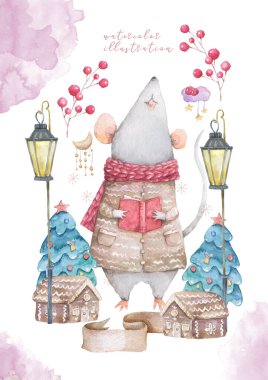 Bebek partisi kartı. Şirin bir çizgi film Noel faresi faresi fare Noel kartı. Suluboya elle çizilmiş hayvan resimleri. 2020 yılbaşı resmi. Tebrik kartı için renkli komik fareler ahşap çerçeve