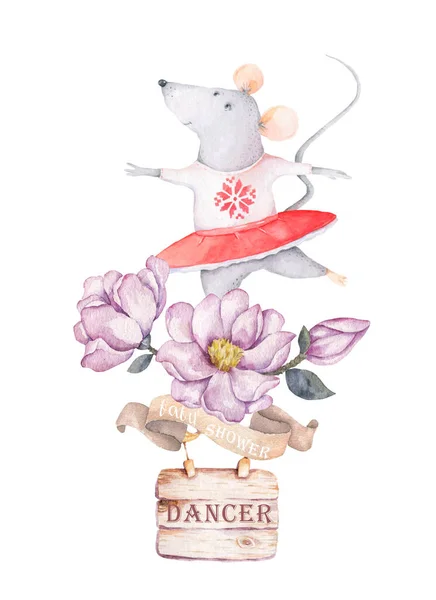 Κάρτα μπάνιου μωρού. Χαριτωμένη καρτούν χριστουγεννιάτικη ποντικοχορεύτρια κάρτα. Υδατογραφία χέρι ζωγραφισμένα ζώων εικονογράφηση. Νέο Έτος 2020 σχέδιο διακοπών. Πολύχρωμο αστείο πλαίσιο αρουραίων ξύλο για ευχετήρια κάρτα — Φωτογραφία Αρχείου