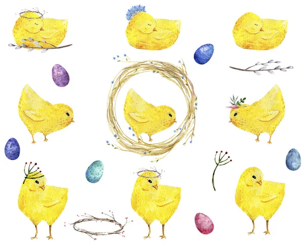 Uova di Pasqua e pulcini. Spazzola ad acquerello, Uccelli carino fattoria Grande sfondo vacanza — Foto Stock