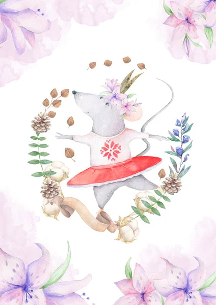 Bonito aquarela Mouses aniversário cartões, cartazes para sala de bebê, chá de bebê, convite, crianças e bebê camisetas e desgaste. ilustração berçário desenhado à mão. Animal engraçado e algodão — Fotografia de Stock