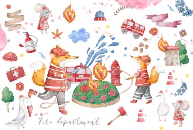 Tatlı suluboya çizgi film. İki tilki, ağaçlardaki ateşi suyla söndürüyor. Beyaz arka planda bebek renkli çocuk klipsi sanatı. İtfaiyeci seti, ormandaki küresel boşluk. Selamlama için, poster.