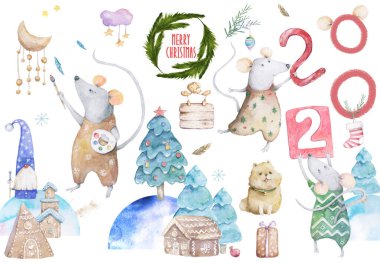 Sevimli suluboya karikatür fareler ve ladin ağacı ayarlayın. Suluboya el çizilmiş hayvanlar illüstrasyon. Yeni Yıl 2020 tatil çizim illüstrasyon. Sembol 2020 Mutlu Noeller hediye kartı. Tebrik kartpostalı