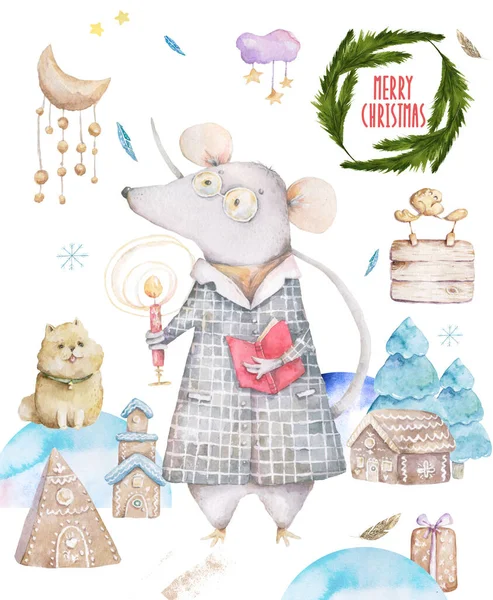 Niedlichen Aquarell-Cartoon-Set Ratten und Fichte. Aquarell handgezeichnete Tiere Illustration. Neujahr 2020 Urlaub Zeichnung Illustration. Symbol 2020 frohe Weihnachten Geschenkkarte. Grußkarte — Stockfoto