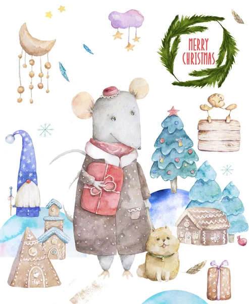 Cute watercolor cartoon set rats and spruce tree. Watercolor hand drawn animals illustration. New Year 2020 holiday drawing illustration. Symbol 2020 Merry Christmas gift card. Greeting postcard