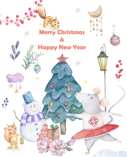 Aranyos akvarell rajzfilm meg a patkányok és lucfenyő fa. Akvarell kézzel rajzolt állatok illusztráció. Új év 2020 ünnep rajz illusztráció. Hóember boldog karácsonyt ajándékutalványt. Köszöntő képeslap — Stock Fotó