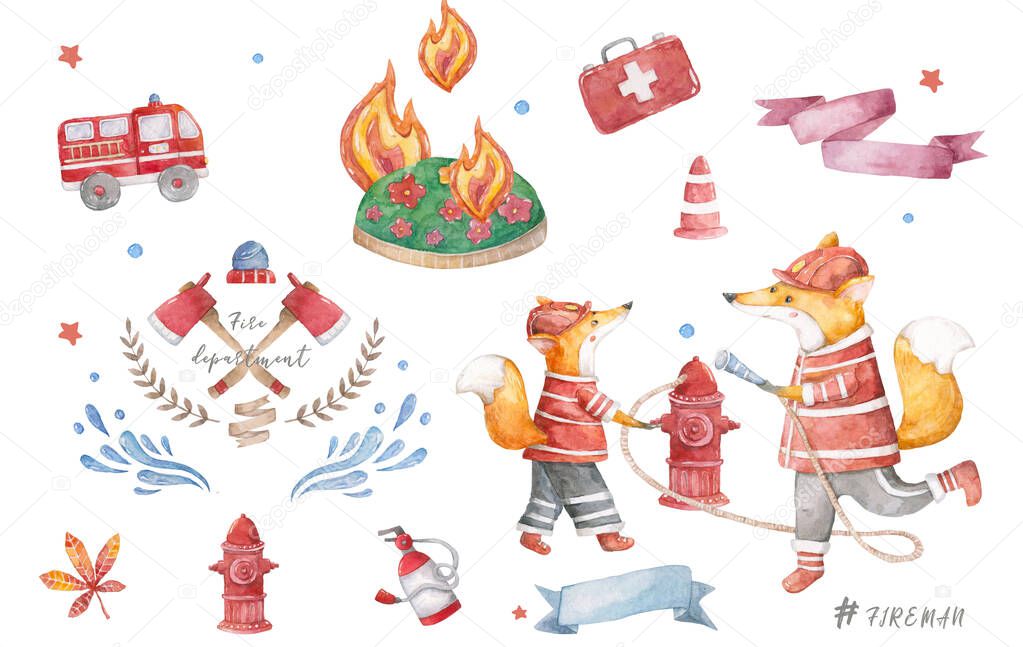 Watercolor cute cartoon little two foxes extinguish a fire on trees with water Baby colorful nursery clip art isolated background Fireman animals set, The global gap in the forest For greeting, poster