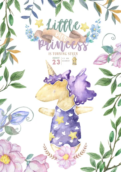 Leuke uitnodigingen voor babyshower met schattige eenhoorn, Het is een meisje kaarten, kan worden gebruikt als sjabloon voor meisjes verjaardag feest ontwerp, illustratie. Aquarel leuke clip art met bloemen, tak — Stockfoto