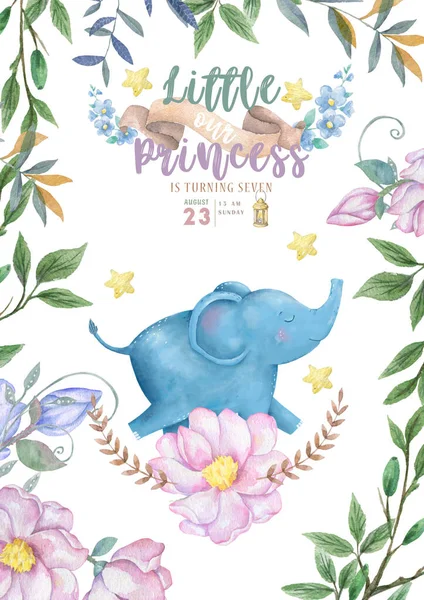 Cartão de convite para chá de bebê. Aquarela bonito elefante colorido com flores, ramo e floral. Saudação, convite, cartaz de ilustração nussery para criança — Fotografia de Stock