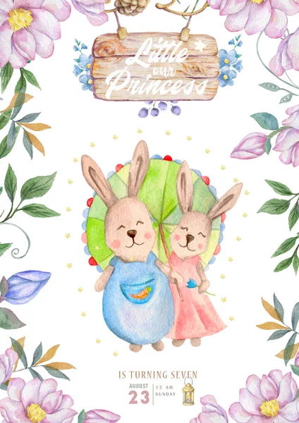 Acquerello isolato carino acquerello Clipart famiglia Bunny. Illustrazione coniglio vivaio. Poster per bambini. Trendy animale del fumetto rosa. Biglietto d'invito di compleanno, Stile sognatore, Cartolina di celebrazione — Foto Stock