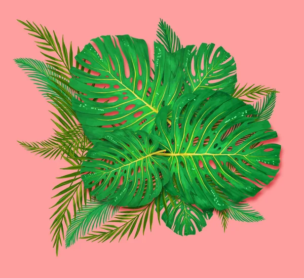 Sommar tropisk hawaiian bakgrund med palmer blad och exotiska växter. Tropiska blad på rosa, röd bakgrund. Trend färgglada illustration — Stockfoto