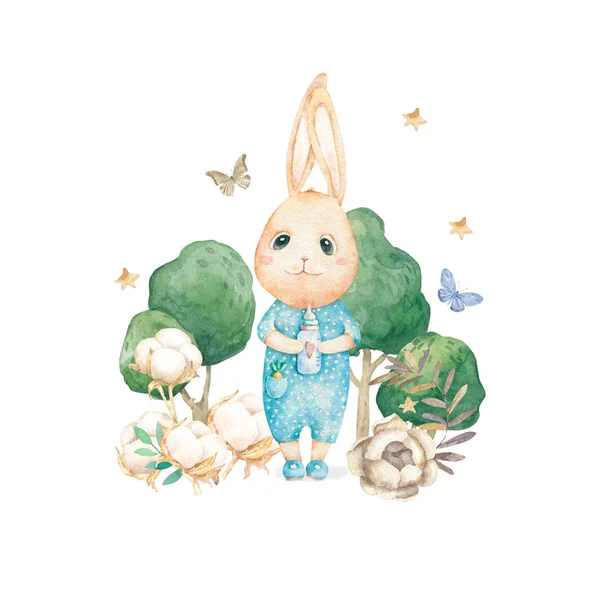 Linda tarjeta de cumpleaños feliz con dibujos animados Bunny y árbol verde, mariposa y catoon. Acuarela conejo clip de arte y belleza boho. Guardería con tarjeta Baby Shower —  Fotos de Stock