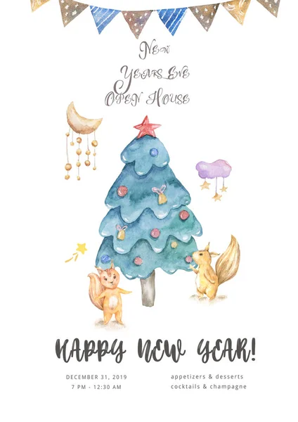 ベビーシャワーカードかわいい漫画クリスマスリスクリスマスカード。水彩手描き動物イラスト。新年2020年の休日の図面。カラフルな面白いラットの木のフレームのためのグリーティングカード — ストック写真