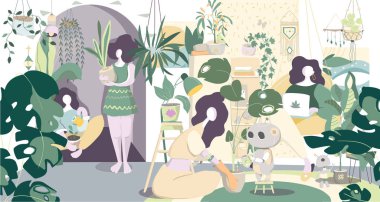 Kadınsı illüstrasyon, farklı durumlardaki güzel kadınlar ve ev içi ve bitkiler. Mobil Ui Ux Gui şablonu, uygulama arayüzü kablosu. Ev tasarımı, serbest konsept